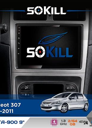 Штатна магнітола для peugeot 307 2001-2011 sokill delta-900 9" android 4-ядерний 2+64гб 4x45w бездротовий carplay та androidauto