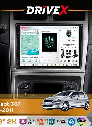 Штатна магнітола для peugeot 307 2001-2011 drivex s7 2k qled 9" android 8-ядерний 2.7ггц 6x64гб sim-картка 3g/4g ak7808 ab 4x50w