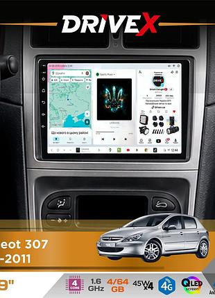 Штатна магнітола для peugeot 307 2001-2011 drivex s3 qled 9" android 8-ядерний 1.6ггц 4x64гб sim-картка 3g/4g 7388 4x45w asp