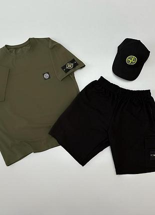 Футболка (хаки) + шорты + кепка stone island