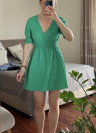 Лляна сукня zara 52% linen | смарагдово-зелена | s
