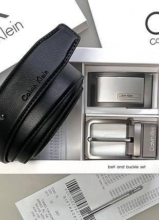 Мужской ремень с двумя пряжками, кожаный ремень calvin klein с двумя пряжками, мужской ремень келвин клейн, набор на подарно