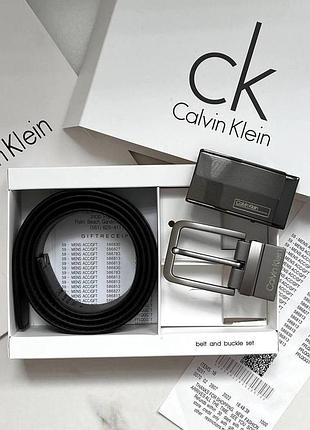 Мужской кожаный ремень с двумя пряжками calvin klein, подарочный набор мужской ремень из натуральной кожи келвин клейн