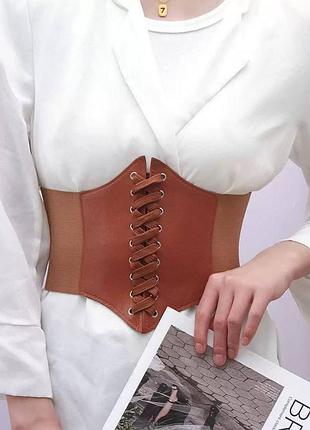 Корсет на шнуровке из экокожи декоративный / утягивающий живот / черный белый красный светло-коричневый