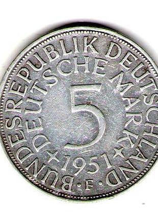 Западная германия (фрн) 5 марок, 1951 год серебро 0.625, 11.2g, ø 29mm no3902