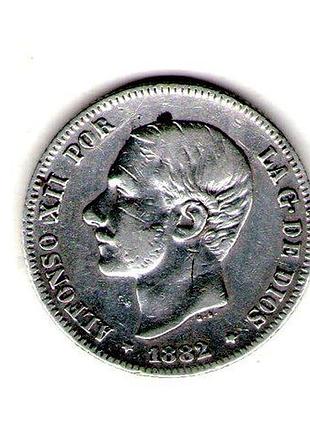 Испания король альфонс персин 2 песеты 1882 год серебро 0.835 10g, ø 27mm, no3878