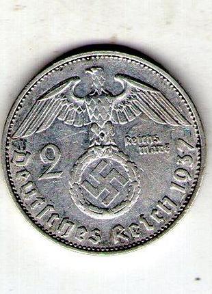 Германия - третий паркосёр 2 рейосмарки, 1937 год серебро 0.625, 8g, ø 25mm no3660