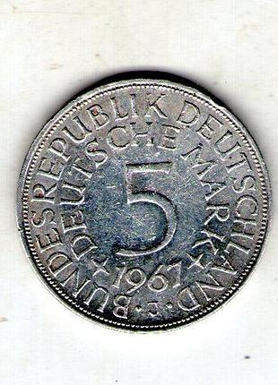 Западная германия (фрн) 5 марок, 1967 год серебро 0.625, 11.2g, ø 29mm no3904