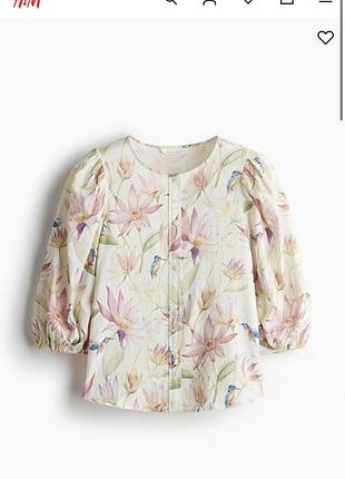 Лляна літня блуза h&m linen blend з квітами та колібрі, розмір s (стан нової)