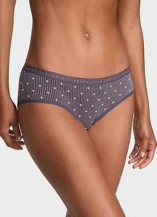 Бавовняні трусики в смужку з сердечками logo cotton hiphugger panty, сірі оригінал victoria's secret