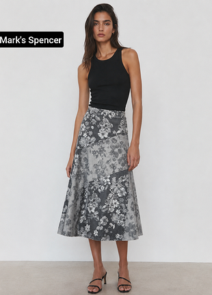 Юбка женская длинная серого цвета клеш в цветочный принт от бренда marks spencer 16