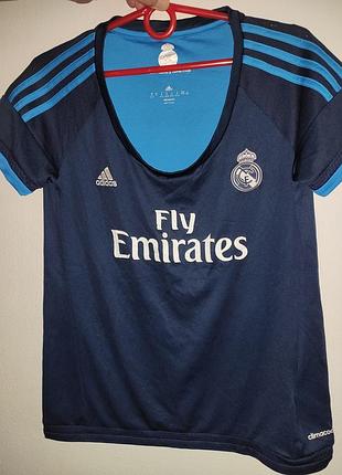 Спорт оригінал жіноча темно-синя третя футболка футбольна adidas real madrid сезону 2015-16 з логотипом спонсора fly emirates.м-л