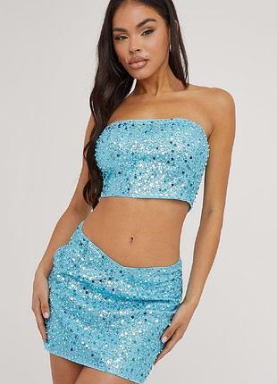 Блакитна міні спідниця ego prettylittlething shein з пайєтками та перлинками розмір uk10(s-m)