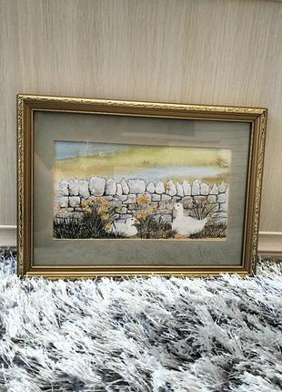Картина сільський пейзаж з качечками. акварель, художник linda rose.