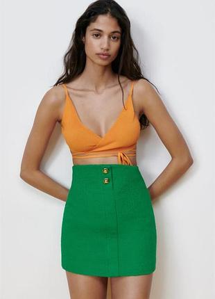 Женская твидовая зеленая юбка мини zara xs 42 высокая посадка