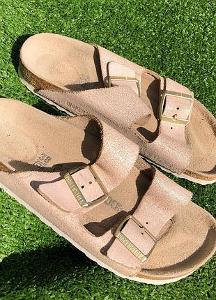 #в16 38р(24,5см). birkenstock arizona washed metallic rose gold шлепанцы. кожа
