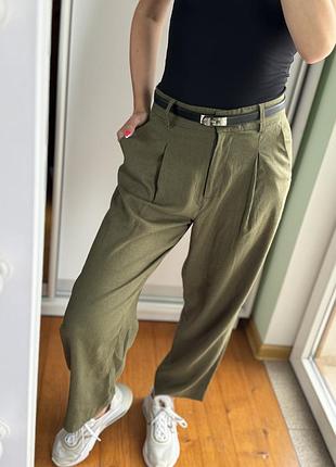 Лляні хакі брюки zara нових колекцій linen + viscose