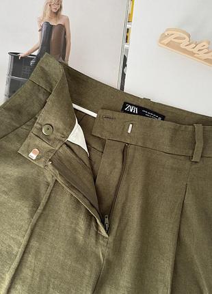 Лляні хакі брюки zara нових колекцій linen + viscose