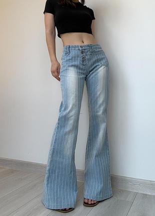Джинсы клеш широкий большой flared bootcut 38 40 m l голубые в полоску средняя высокая талия посадка винтаж vintage y2k 2000ые