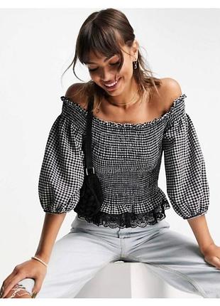 Топ блуза river island 12 m-l в клетку с открытыми плечами и кружевом