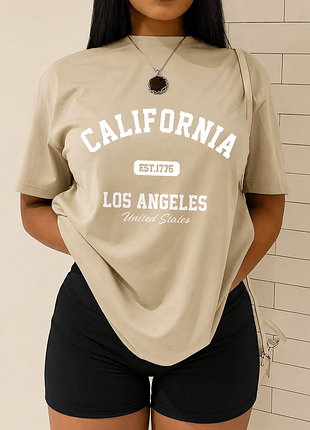 Футболка оверсайз california los angeles бежевая с принтом стильная casual