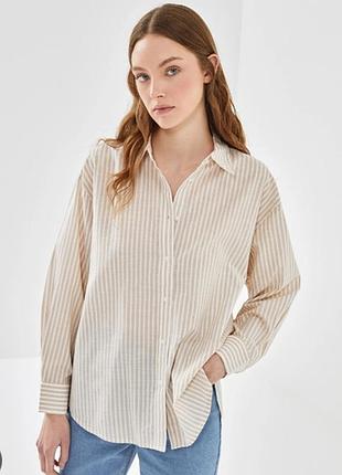Рубашка женская льняная коттоновая бежевая белая полоска размер l h&amp;m