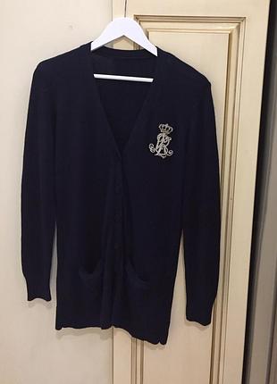 Кардиган из шелка кашемира брендовый lauren ralph lauren silk and cashmere big logo cardigan navy оригинал. size m стан идеален