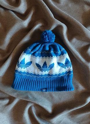 Вінтажна зимова шапка adidas originals з помпоном (синя/біла