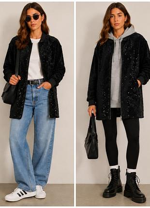 Удлиненная куртка бомпер в бархатных пайетках от zara