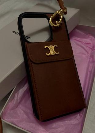 Кожаный чехол-кроссбоди celine style для iphone 15 pro | новый, с ремешком