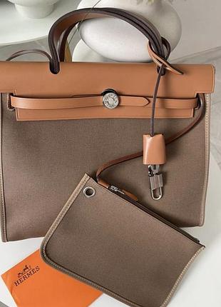 Сумка коричнева шкіряна з текстилем herbag 31 cm