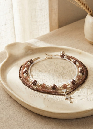 Кофейный многослойный комплект украшений колье намист 4 штуки