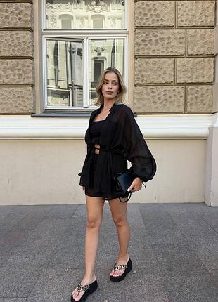 Жіночий костюм із тенселю сорочка + шорти — чорний, молоко, барбі