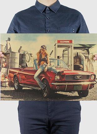 Ретро плакат mustang с плотной крафтовой бумаги 51x36cm. постер красный мустанг