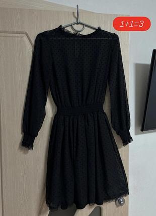 1+1=3 🎁 чорна сукня з мереживом та принтом "polka dot" xs