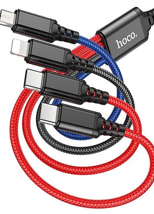 Кабель hoco x76 usb to ip+type-c+type-c+micro 2a, 1m, nylon, aluminum connectors black+red+blue