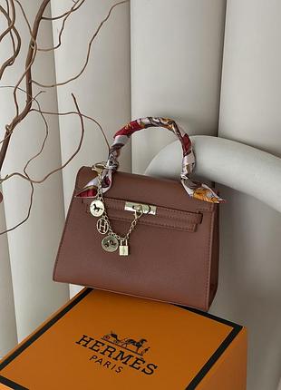 Сумка женская hermes kelly medium коричневый с платком кросс боди хермес