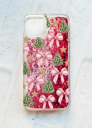 Чохол з плаваючими рожевими блискітками на iphone 14 різдвяний фон (принт 427)