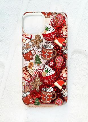 Чехол с плавающими красными блестками на iphone 14 рождество (принт 428)
