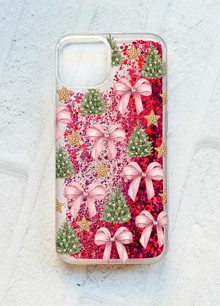 Чохол з плаваючими рожевими блискітками на iphone 13 різдвяний фон (принт 427)