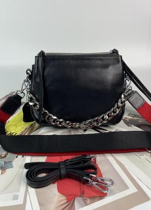 Женская кожаная сумка на и через плечо на три отделения с двумя ремешками жіноча шкіряна