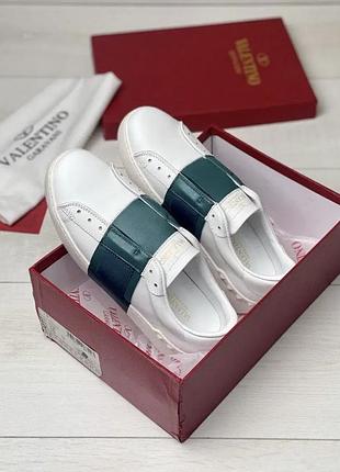 Жіночі білі зелені шкіряні кросівки valentino open із зеленим валентино кеди