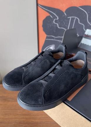 Чоловічі чорні замшеві кросівки zegna triple stitch чорні кеди зегну