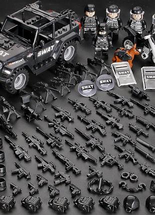 Набор фигурок swat 6 шт с черным внедорожником, мотоциклом и оружием для лего lego