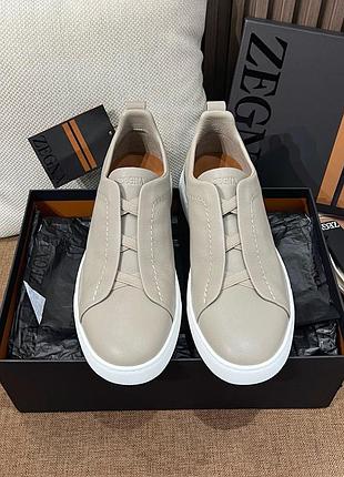 Мужские бежевые кожаные кроссовки zegna triple stitch черные кеды зегна 43