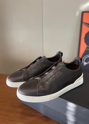 Мужские коричневые кожаные кроссовки zegna triple stitch черные кеды зегна 45