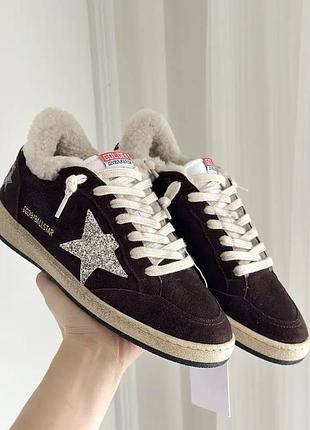 Женские коричневые кожаные зимние кроссовки с мехом golden goose super-star со звездой белые кеды мех