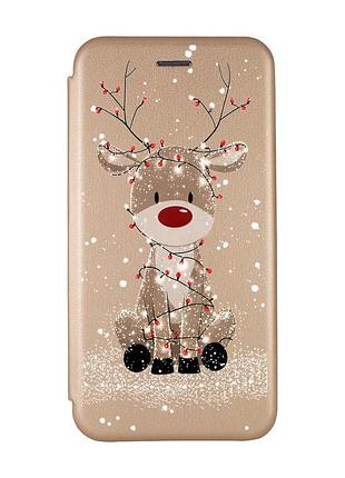 Чехол-книжка золотой с рисунком на xiaomi redmi 9c/10a олень новый год (принт 429)