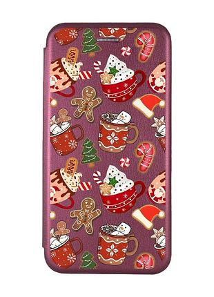 Чехол-книжка бордовый с рисунком на xiaomi redmi 9c/10a рождество (принт 428)