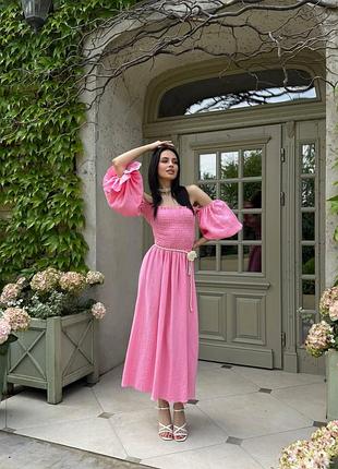 Женское романтичное элегантное платье для летних прогулок лен-муслин , хлопок 100% розовый, 48/52